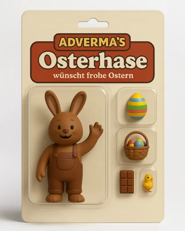 Frohe Ostern! 🐣💥Dieses Jahr hoppeln wir im Social-Media-Trend ins Osterwochenende – als echte Oster-Actionfigur!
Zugegeben: Held:innen des Alltags sind wir sowieso. Jetzt gibt’s auch das passende Outfit dazu. 😎Wir wünschen euch entspannte Feiertage, volle Nester und ganz viel Zeit für die wirklich wichtigen Dinge – wie Schoki, Sonne und gute Vibes! 🌸☀️🍫#ADVERMA #Agentur #FroheOstern #Actionfigur #TeamSpirit #FeiertageMitStyle #DesignHeroes